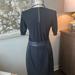 Etcetera Navy LEATHER pencil skirt and matching sweater with leather trim